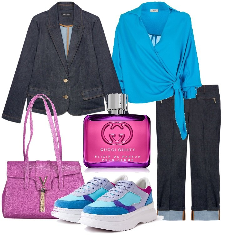 Outfit donna - Blazer in denim e jeans. Stile Trendy per Ufficio. Abbinamento con profumi, sneakers, bluse, jeans dritti, blazer, borse a spalla.