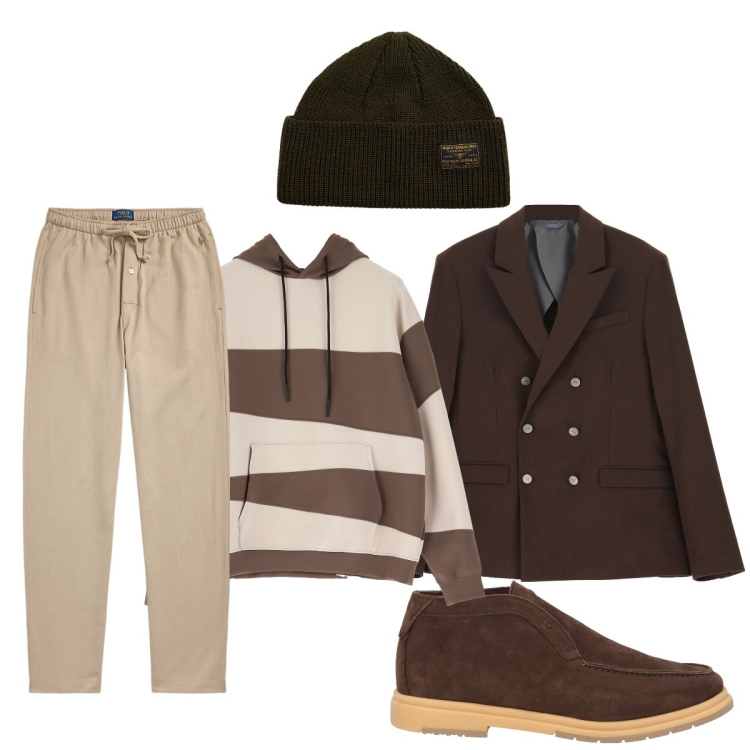 Outfit uomo - Sfumature marroni. Stile Trendy per Serata speciale. Abbinamento con stivali e stivaletti, felpe con cappuccio, giacche, berretti, pantaloni.