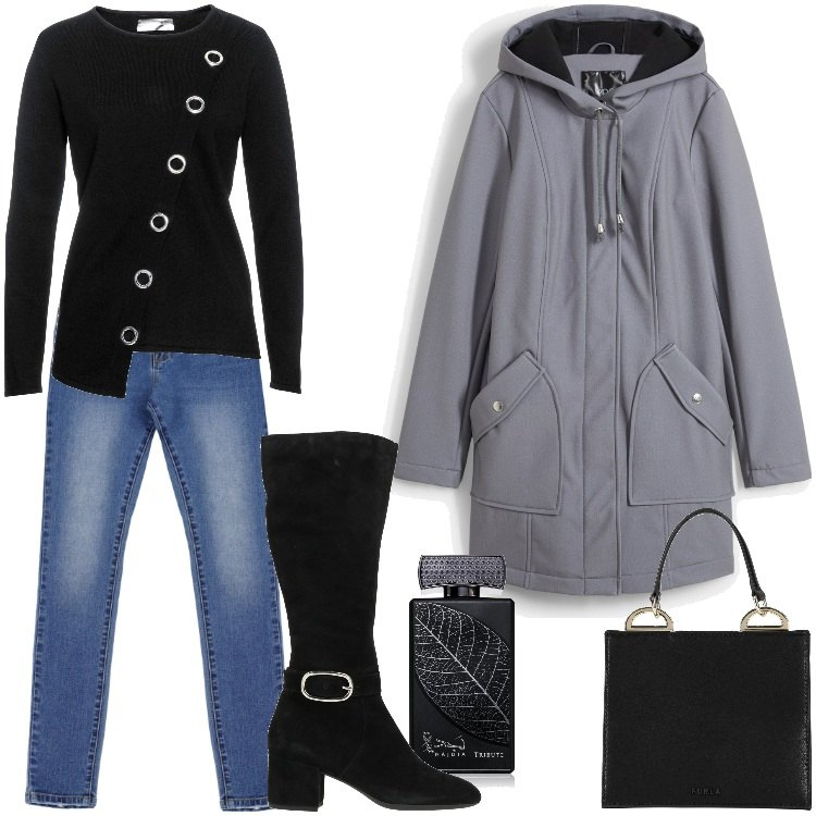 Outfit donna - Total look #1963930. Stile Urban per Tutti i giorni. Abbinamento con parka, maglieria, stivali, borse a mano, profumi, jeans skinny.