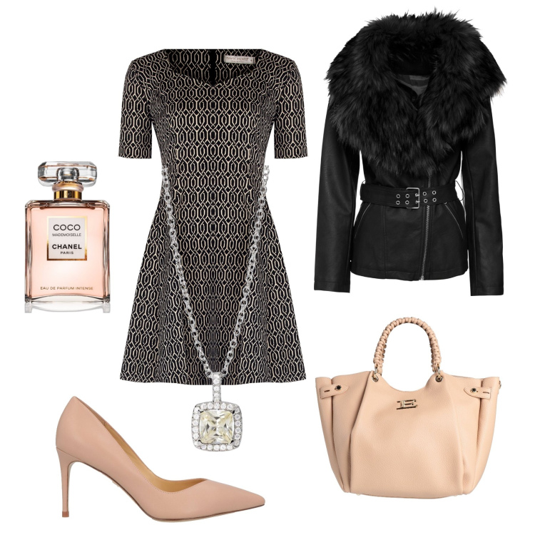 Outfit donna - Abito geometrico e maxi bag a cena. Stile Bon Ton per Serata fuori. Abbinamento con blazer, décolleté, borse a mano, profumi, collane, vestiti corti.