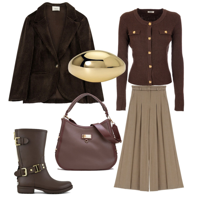 Outfit donna - I colori della terra. Stile Casual per Ufficio. Abbinamento con anelli, cardigans, borse a tracolla, pantaloni a palazzo, blazer, stivali.