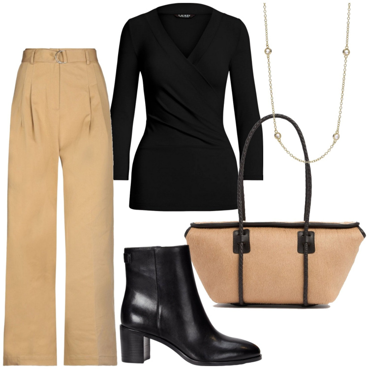 Outfit donna - Total look #1963976. Stile Chic per Tutti i giorni. Abbinamento con pantaloni, collane, top, stivaletti, borse a spalla.
