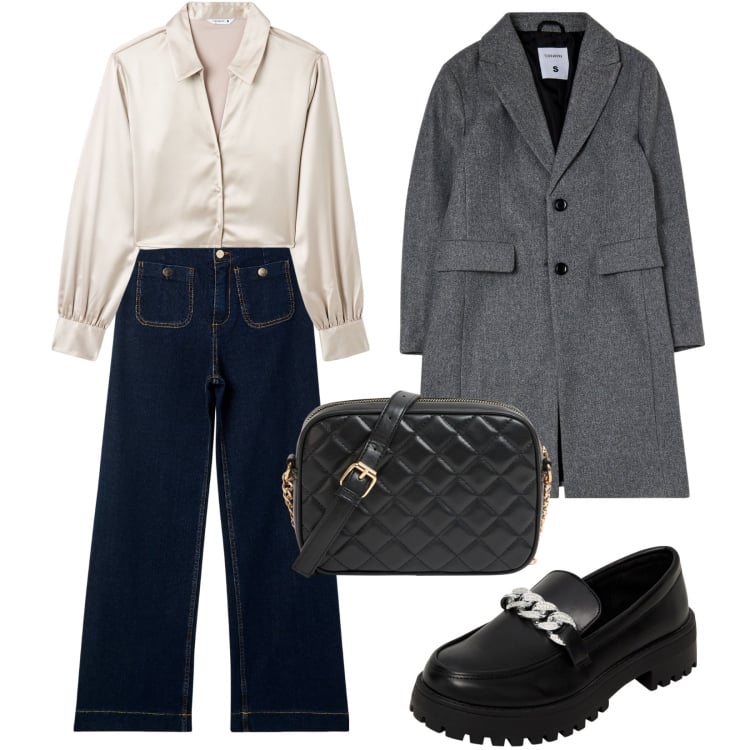 Outfit donna - Autunno Terranova. Stile Bon Ton per Tutti i giorni. Abbinamento con mocassini, borse a tracolla, jeans, camicie, cappotti.