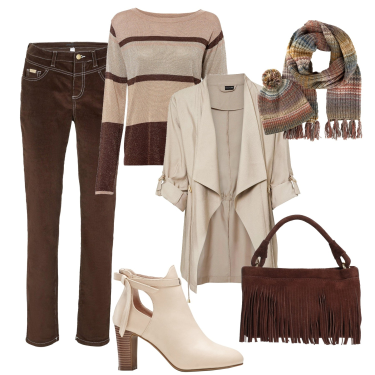 Outfit donna - La borsa con le frange. Stile Trendy per Tutti i giorni. Abbinamento con stivaletti, maglieria, pantaloni, blazer, sciarpe, borse a mano.