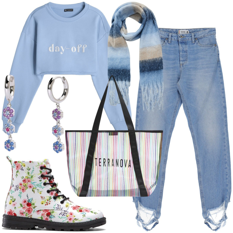 Outfit donna - Total look #1964003. Stile Casual per Tutti i giorni. Abbinamento con stivaletti, sciarpe, shopping bag, orecchini, jeans slim fit, felpe.