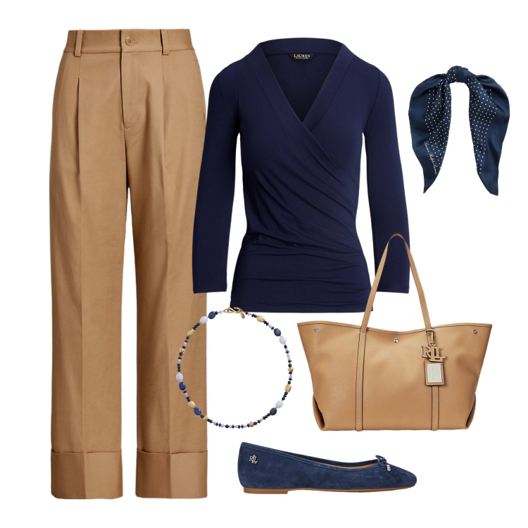 Outfit donna - Ufficio e bon ton. Stile Bon Ton per Ufficio. Abbinamento con foulard, pantaloni, top, collane, ballerine, borse tote.