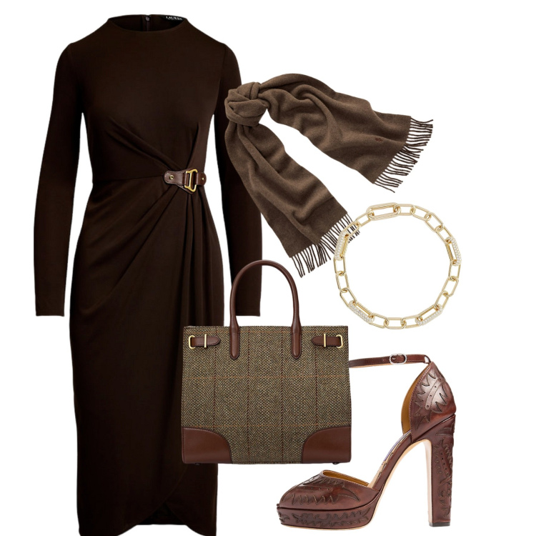 Outfit donna - Austera in testa di moro. Stile Chic per Tutti i giorni. Abbinamento con braccialetti, sciarpe, vestiti, décolleté, borse tote.
