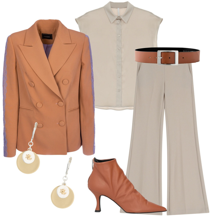 Outfit donna - In ufficio. Stile Casual chic per Ufficio. Abbinamento con cinture, stivaletti, blazer, pantaloni, camicie a manica corta, orecchini.