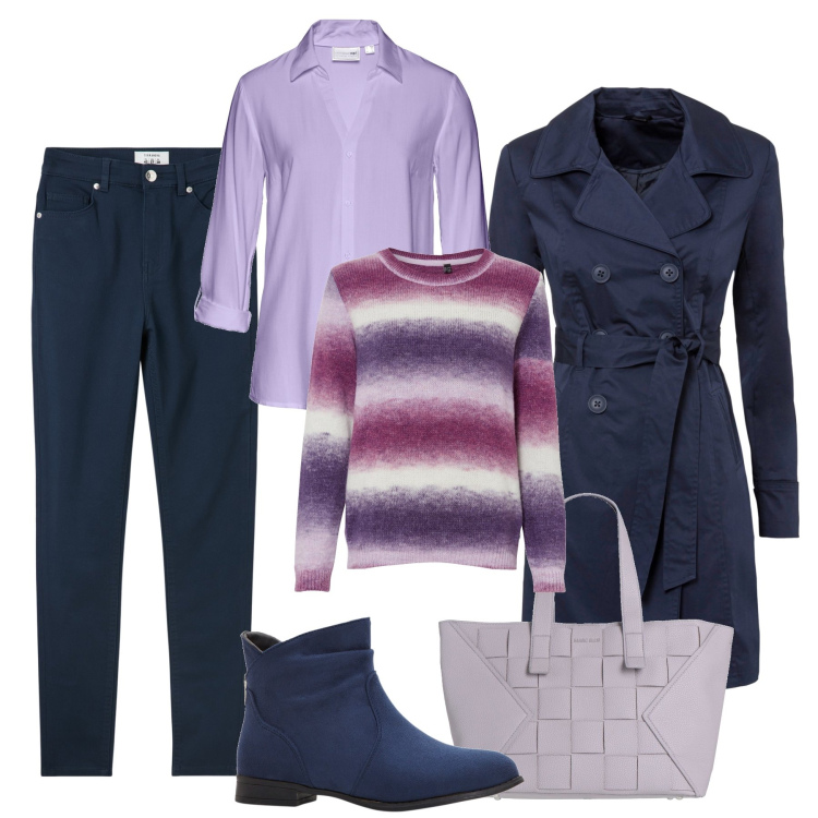 Outfit donna - Sfumature di lilla e blu. Stile Urban per Tutti i giorni. Abbinamento con trench, stivaletti, maglieria, camicie, borse a mano, pantaloni skinny.