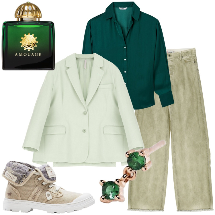 Outfit donna - Total look #1964028. Stile Casual per Tutti i giorni. Abbinamento con sneakers alte, profumi, camicie, orecchini, pantaloni, blazer.