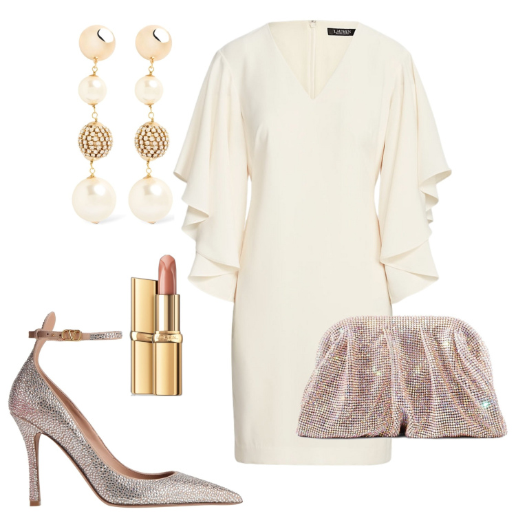 Outfit donna - Cerimonia. Stile Chic per Cerimonia. Abbinamento con décolleté, rossetti, vestiti, pochette, orecchini.