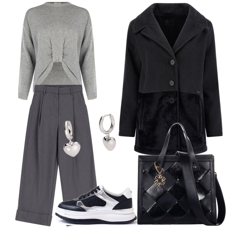 Outfit donna - Total look #1964030. Stile Casual chic per Tutti i giorni. Abbinamento con orecchini, maglieria, borse a mano, sneakers, pantaloni, cappotti.