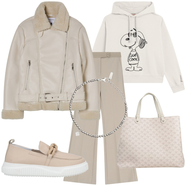 Outfit donna - Total look #1964041. Stile Casual per Tutti i giorni. Abbinamento con mocassini, borse a mano, blazer, braccialetti con ciondoli, pantaloni, felpe con cappuccio.