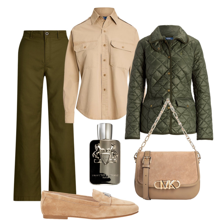 Outfit donna - Cammello, khaki, foresta H24. Stile Casual chic per Tutti i giorni. Abbinamento con borse a mano, profumi, mocassini, camicie, giacche, pantaloni.