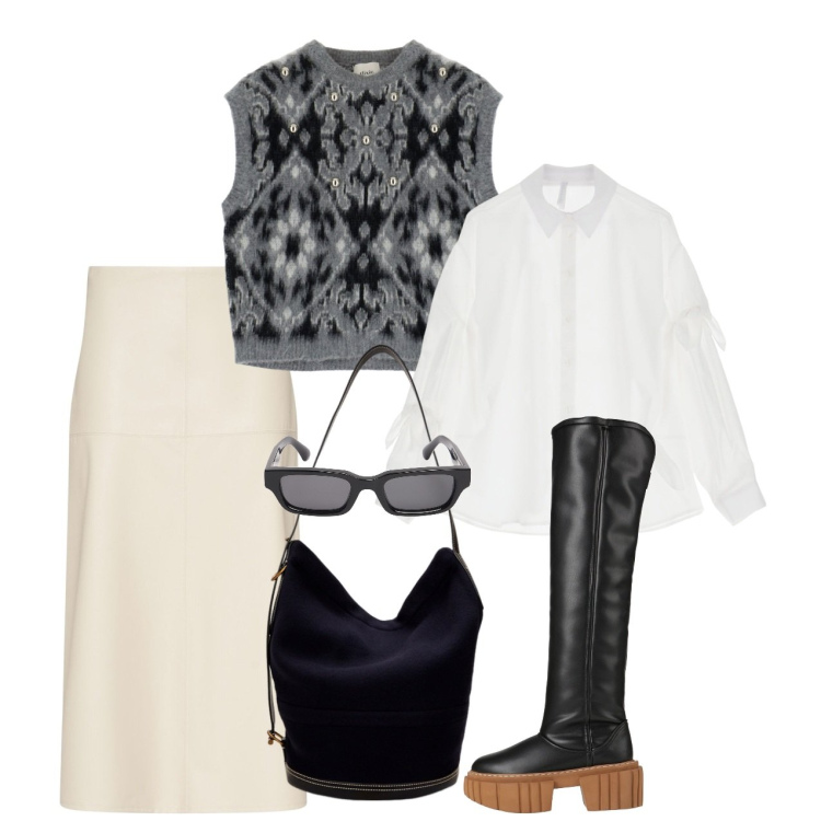 Outfit donna - Chiaro e scuro. Stile Chic per Tutti i giorni. Abbinamento con stivali, maglieria, camicie, borse a mano, occhiali da sole, gonne longuette.