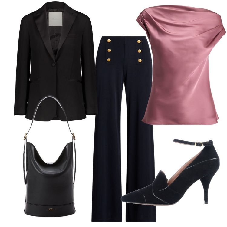 Outfit donna - Cerimonia. Stile Mannish per Cerimonia. Abbinamento con mocassini, borse a secchiello, pantaloni, camicie, giacche.