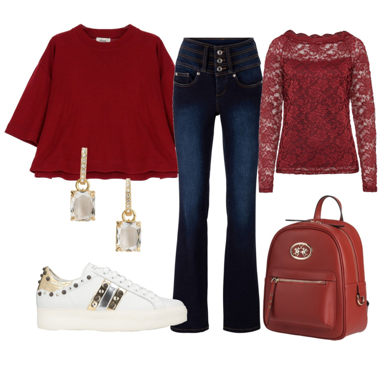 Outfit donna - Total look #1964060. Stile Casual per Tutti i giorni. Abbinamento con jeans bootcut, maglieria, sneakers, zaini, maglieria, orecchini.