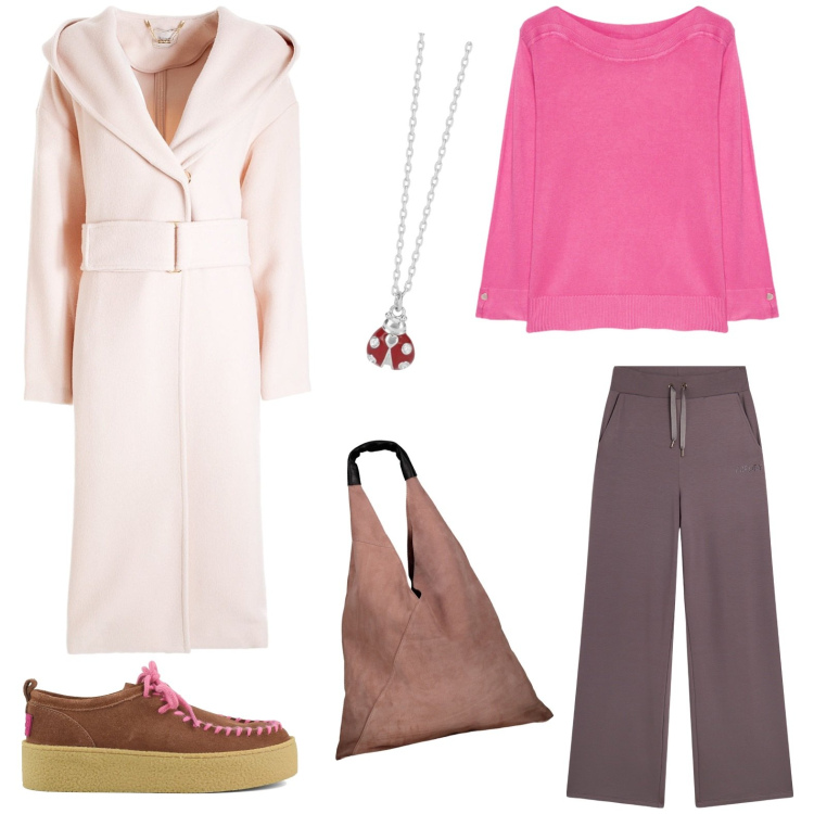 Outfit donna - Total look #1964098. Stile Casual chic per Scuola/Università. Abbinamento con collane, cappotti, pantaloni, borse a spalla, mocassini, maglieria.
