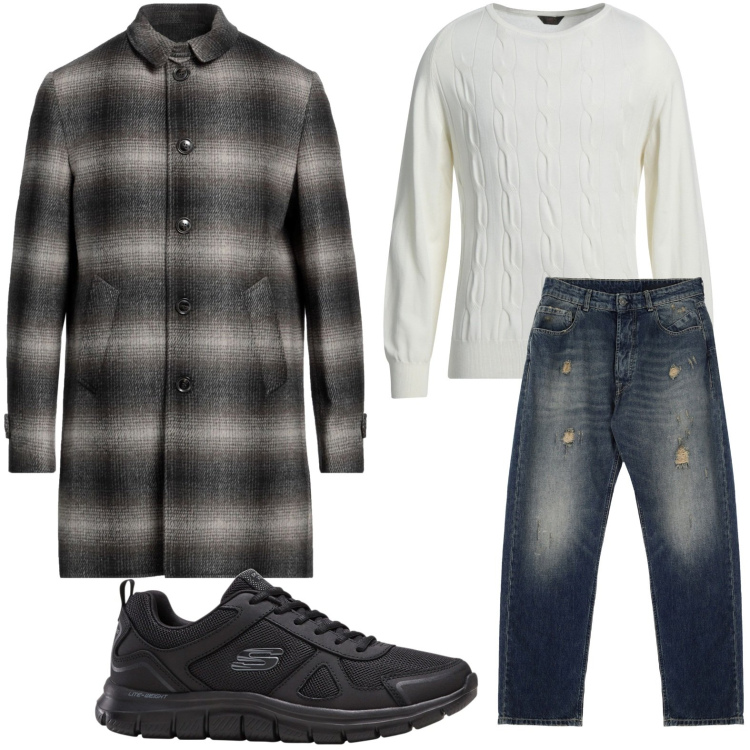 Outfit uomo - Easy style. Stile Trendy per Tutti i giorni. Abbinamento con sneakers, pullovers, cappotti, jeans strappati.