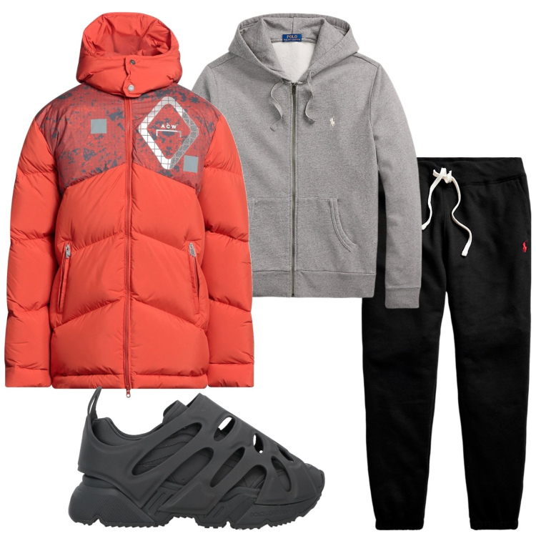 Outfit uomo - Sportivo col piumino arancione. Stile Trendy per Sport. Abbinamento con piumini, sneakers, pantaloni, felpe con cappuccio.
