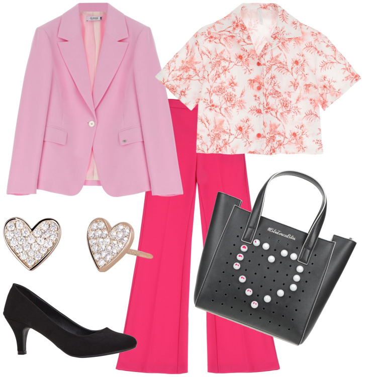 Outfit donna - Col cuore. Stile Urban per Tutti i giorni. Abbinamento con décolleté, borse a mano, orecchini, blazer, pantaloni, camicie a manica corta.