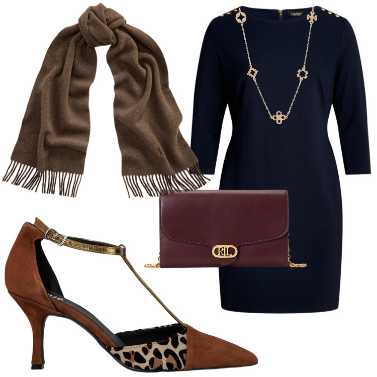 Outfit donna - Il classico tubino nero. Stile Chic per Serata fuori. Abbinamento con décolleté, sciarpe, borse a tracolla, vestiti, collane.