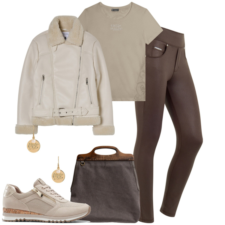 Outfit donna - Smart everyday. Stile Casual per Tutti i giorni. Abbinamento con sneakers, blazer, jeans skinny, t-shirt, orecchini, borse a tracolla.