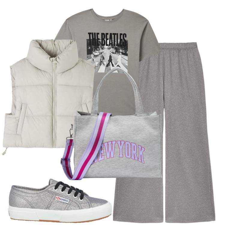 Outfit donna - Casual everyday. Stile Casual per Tutti i giorni. Abbinamento con sneakers, t-shirt, shopping bag, piumini, pantaloni.