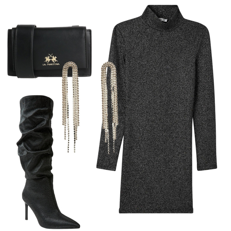 Outfit donna - Serata. Stile Minimal per Serata fuori. Abbinamento con borse a tracolla, vestiti corti, orecchini, stivali.