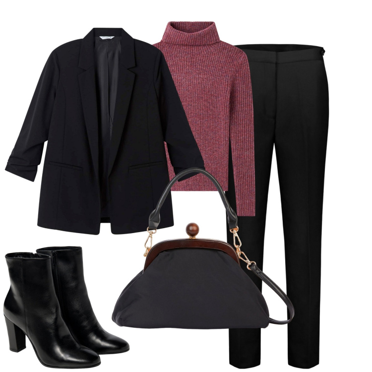 Outfit donna - In ufficio. Stile Bon Ton per Ufficio. Abbinamento con maglieria, blazer, pantaloni, stivaletti, clutch.