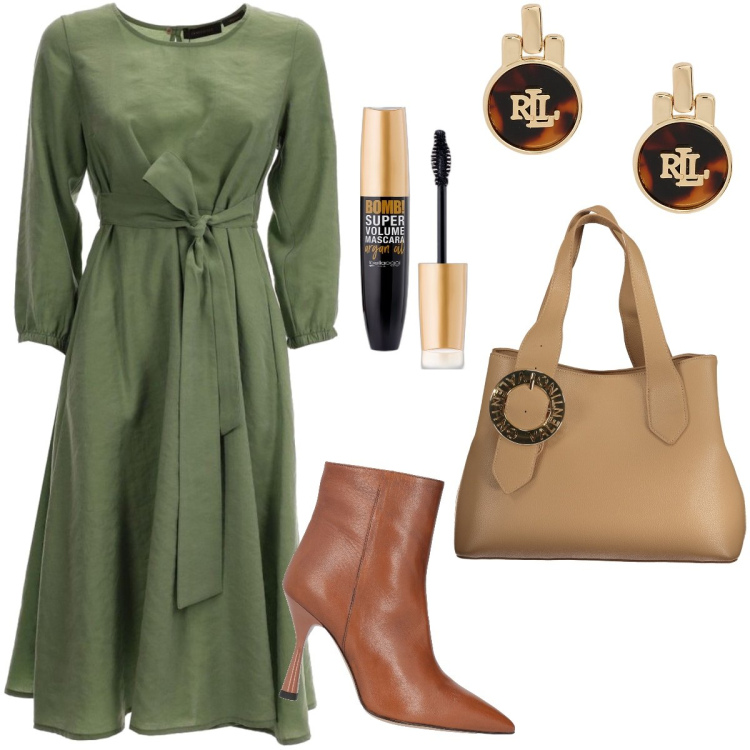 Outfit donna - Un vestito Essenziale. Stile Bon Ton per Ufficio. Abbinamento con stivaletti, mascara, orecchini, vestiti lunghi, borse a spalla.