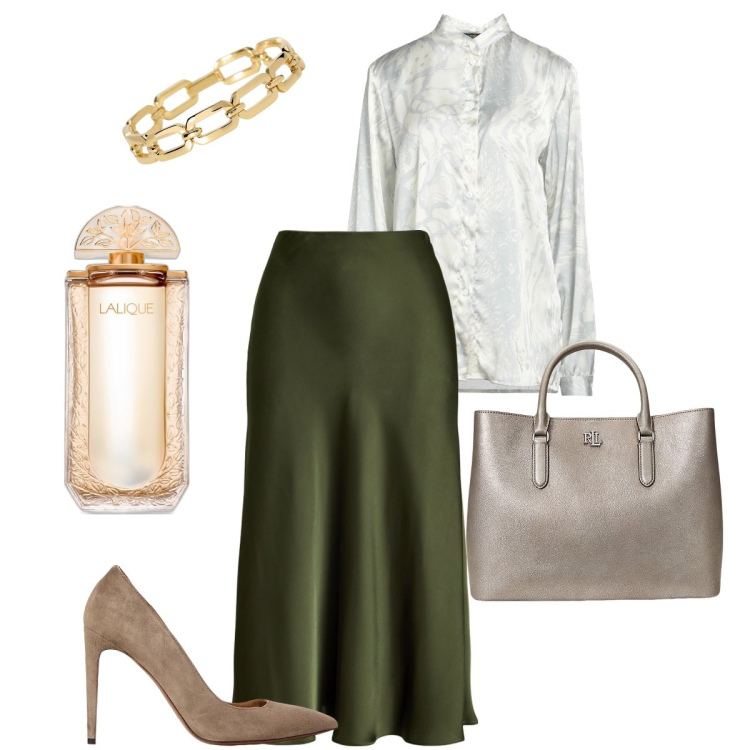 Outfit donna - Sofisticata. Stile Bon Ton per Serata fuori. Abbinamento con camicie, profumi, braccialetti, gonne, borse a mano, décolleté.