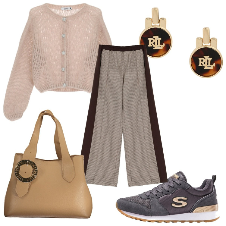 Outfit donna - Total look #1964207. Stile Trendy per Tutti i giorni. Abbinamento con sneakers, cardigans, pantaloni a palazzo, orecchini, borse a spalla.