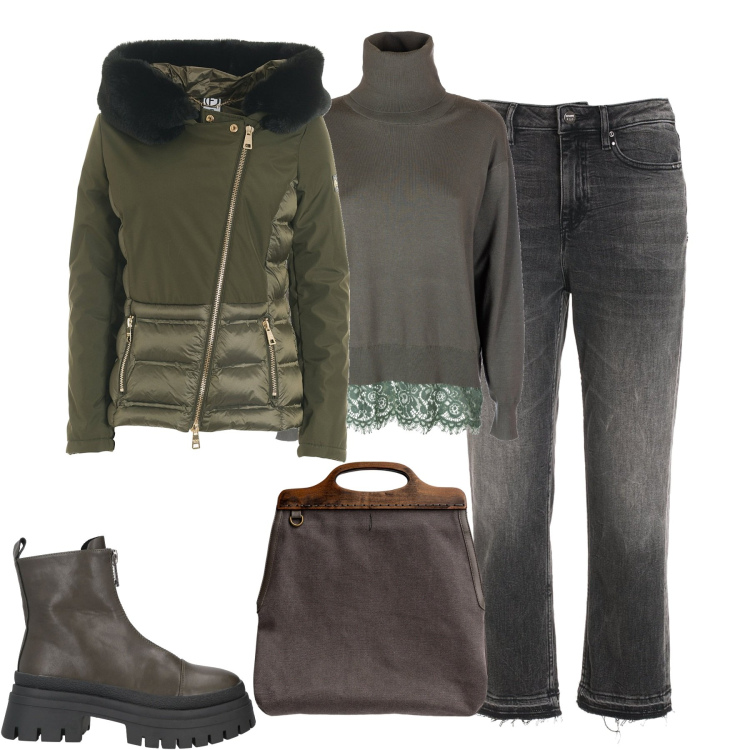 Outfit donna - Total look #1964219. Stile Casual chic per Tutti i giorni. Abbinamento con stivaletti, blazer, jeans boyfriend, maglieria, borse a tracolla.