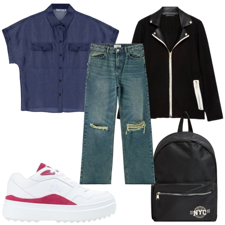 Outfit donna - Total look #1964251. Stile Trendy per Scuola/Università. Abbinamento con sneakers, jeans strappati, zaini, camicie a manica corta, blazer.