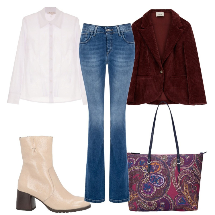 Outfit donna - Total look #1964255. Stile 70s per Tutti i giorni. Abbinamento con stivaletti, camicie, jeans a zampa, blazer, borse tote.