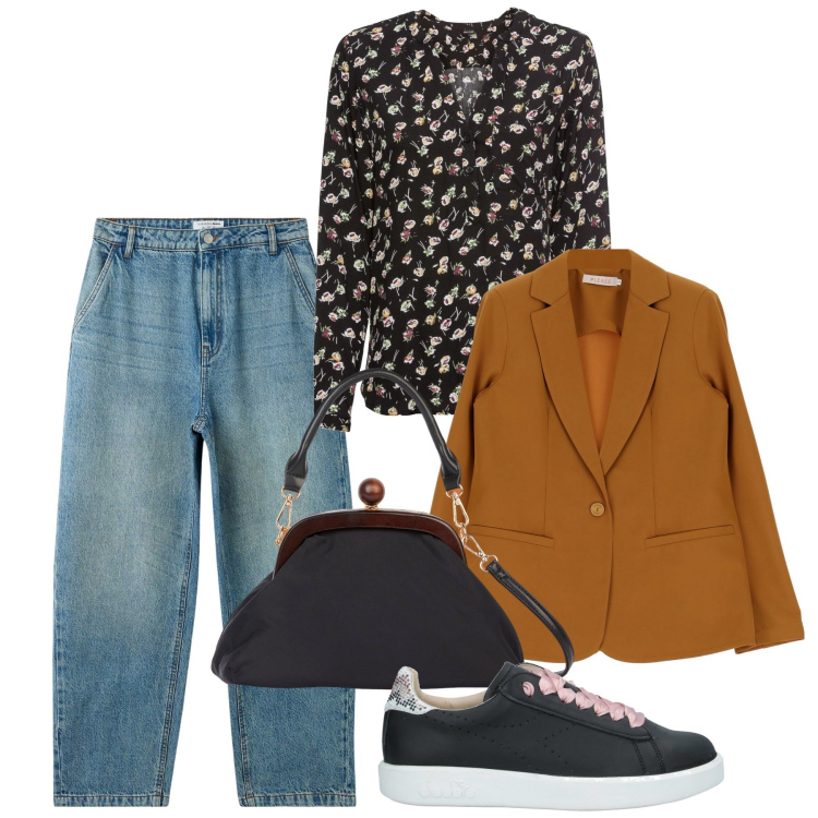 Outfit donna - Blusa e jeans. Stile Basic per Tutti i giorni. Abbinamento con bluse, sneakers, jeans, blazer, clutch.