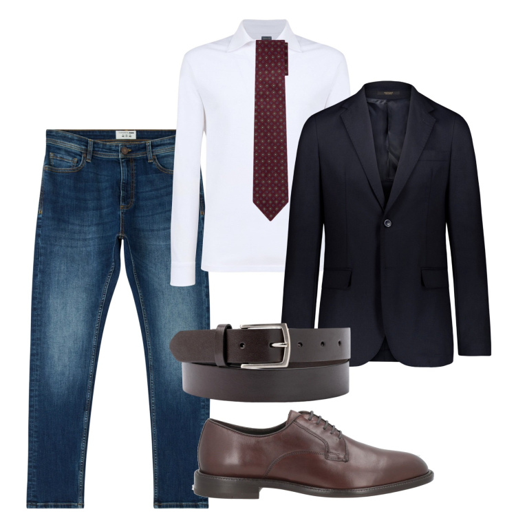 Outfit uomo - Preciso. Stile Business/Elegante per Ufficio. Abbinamento con scarpe stringate, jeans skinny, giacche, cravatte, polo, cinture.