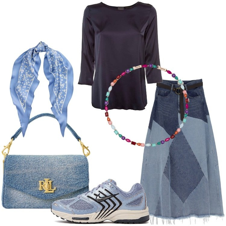 Outfit donna - Casual Chic nei toni del blu. Stile Casual chic per Tutti i giorni. Abbinamento con collane, gonne longuette, borse a tracolla, foulard, sneakers, bluse.