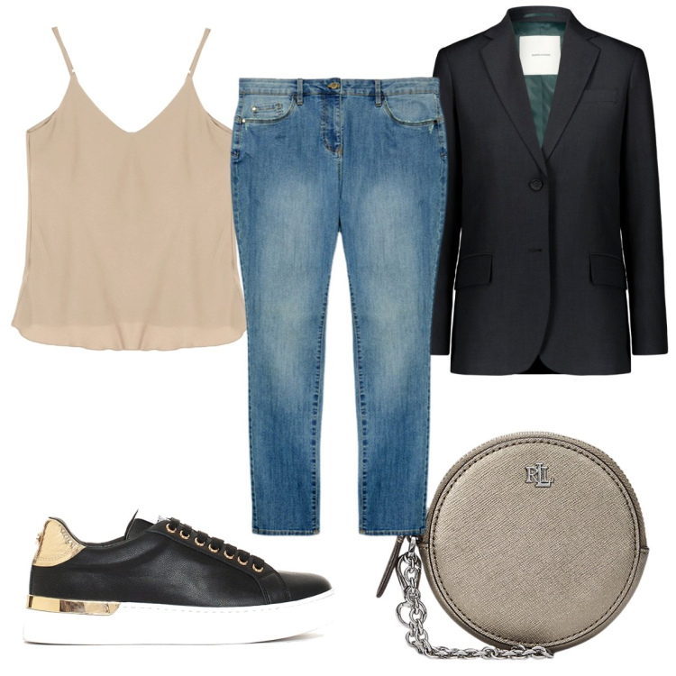 Outfit donna - Total look #1964261. Stile Casual chic per Tutti i giorni. Abbinamento con sneakers, canottiere, pochette, blazer, jeans skinny.