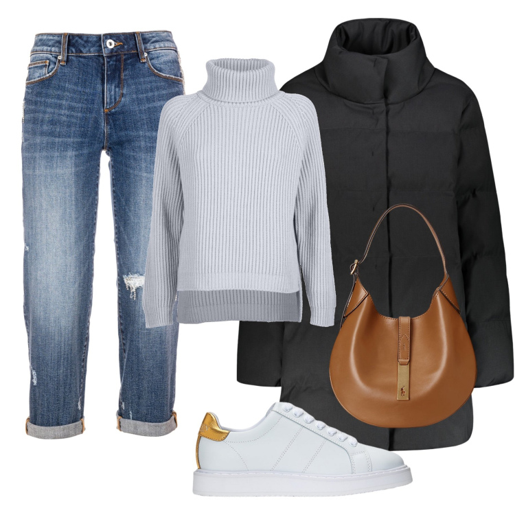 Outfit donna - Sport Chic II. Stile Casual per Tutti i giorni. Abbinamento con jeans strappati, sneakers, borse a spalla, piumini, maglieria.