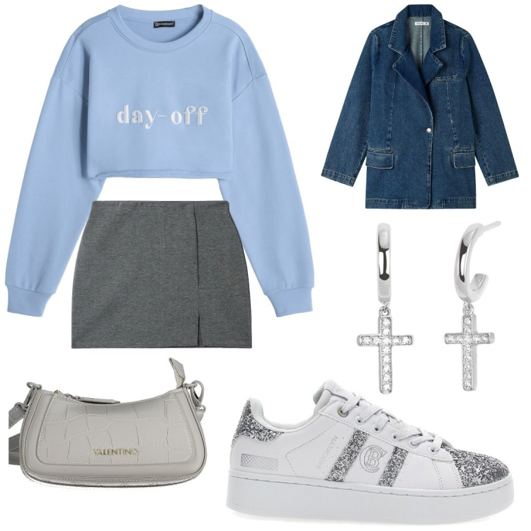 Outfit donna - Mai senza sneackers. Stile Casual per Tutti i giorni. Abbinamento con blazer, minigonne, orecchini, felpe, sneakers, borse a spalla.