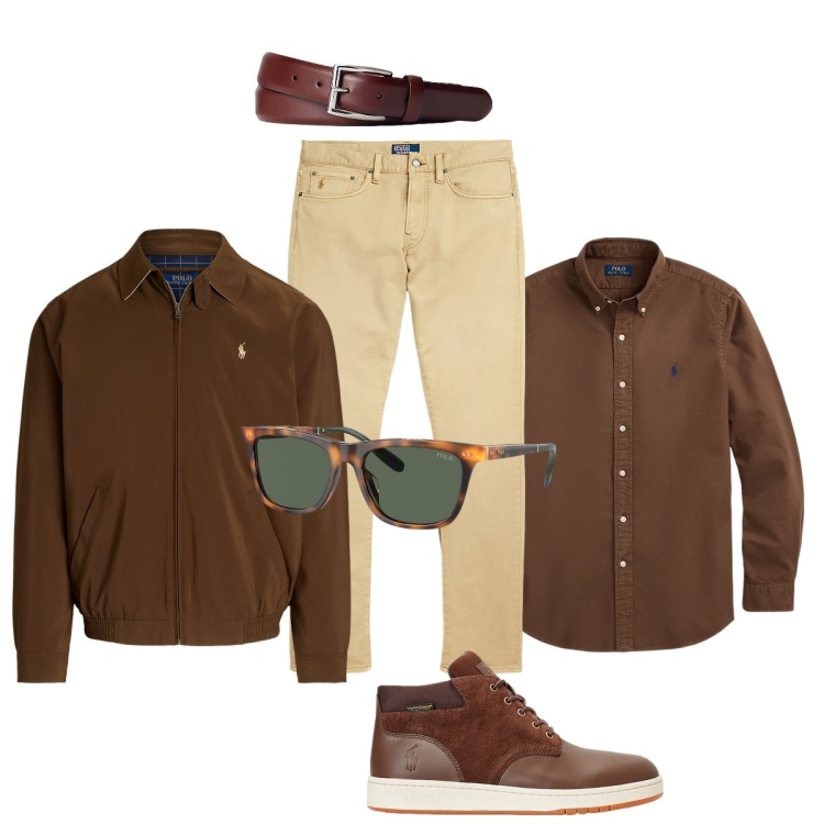 Outfit uomo - Beige e moka. Stile Trendy per Ufficio. Abbinamento con cinture, camicie, pantaloni chino, stivali, occhiali da sole, giacche.
