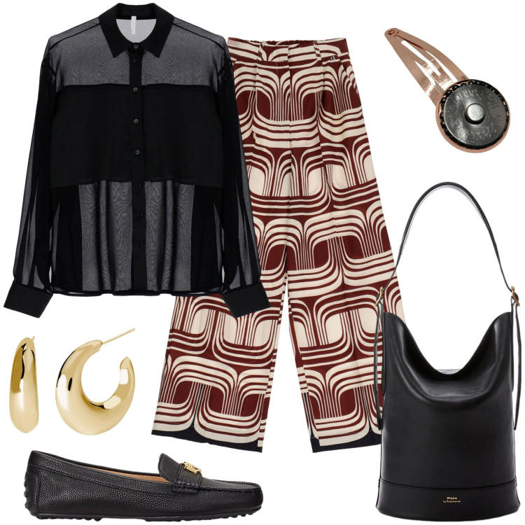 Outfit donna - Borsa secchiello. Stile Casual chic per Ufficio. Abbinamento con orecchini, camicie, pantaloni a palazzo, mocassini, borse a secchiello, accessori per capelli.