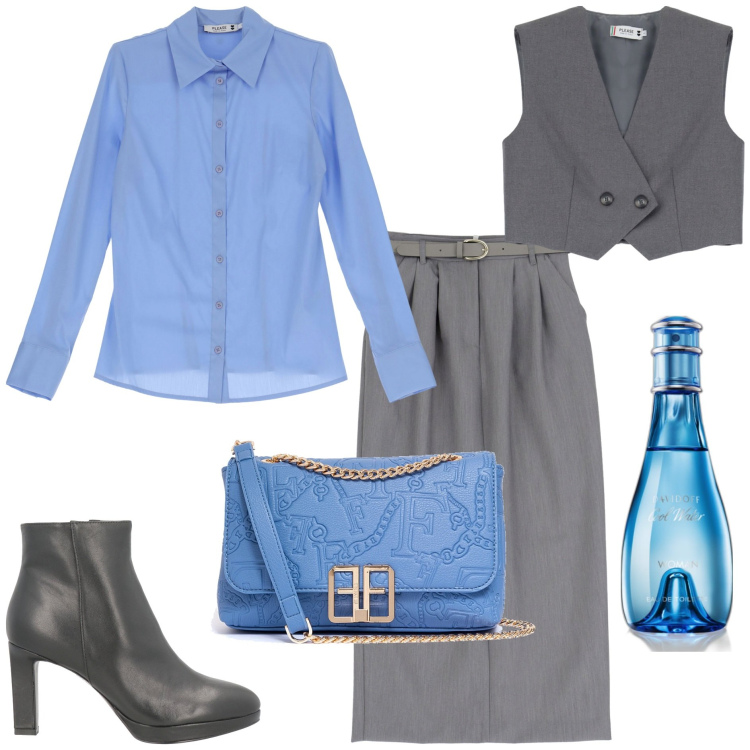 Outfit donna - Ufficio e poi aperitivo. Stile Minimal per Ufficio. Abbinamento con stivaletti, profumi, borse a tracolla, camicie, gilet, gonne lunghe.