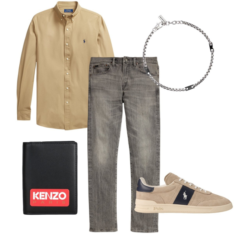 Outfit uomo - Il denim sbiadito. Stile Casual per Tutti i giorni. Abbinamento con portafogli, braccialetti, camicie, jeans, sneakers.