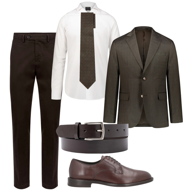 Outfit uomo - Moka elegance. Stile Business/Elegante per Ufficio. Abbinamento con scarpe stringate, pantaloni chino, camicie, abiti, cinture, cravatte.
