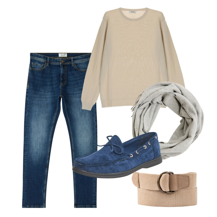 Outfit uomo - In jeans per una passeggiata. Stile Casual per Tutti i giorni. Abbinamento con jeans skinny, sciarpe, scarpe stringate, pullovers, cinture.