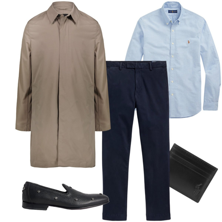 Outfit uomo - Con il trench. Stile Business/Elegante per Cerimonia. Abbinamento con scarpe stringate, camicie, portafogli, pantaloni, giacche.