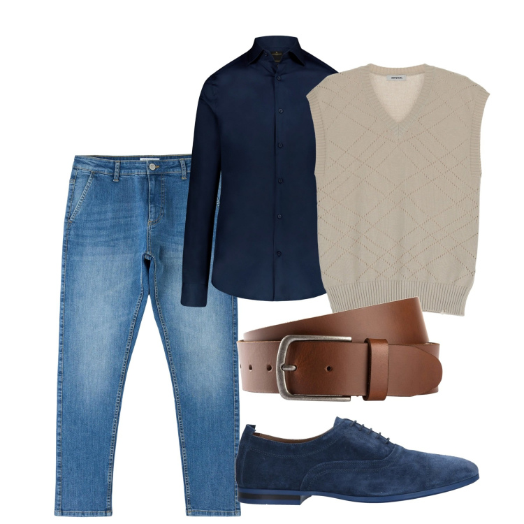 Outfit uomo - Il gilet sul blu. Stile Casual per Tutti i giorni. Abbinamento con cinture, scarpe stringate, jeans skinny, pullovers, camicie.